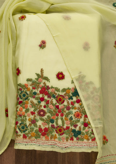 Parrot Green Threadwork Tissue Unstitched Salwar Suit