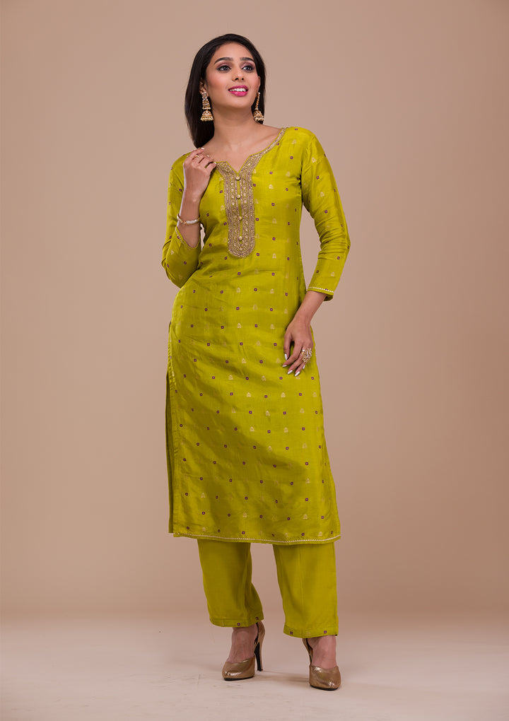 Parrot Green Zariwork Art Silk Readymade Salwar Suit