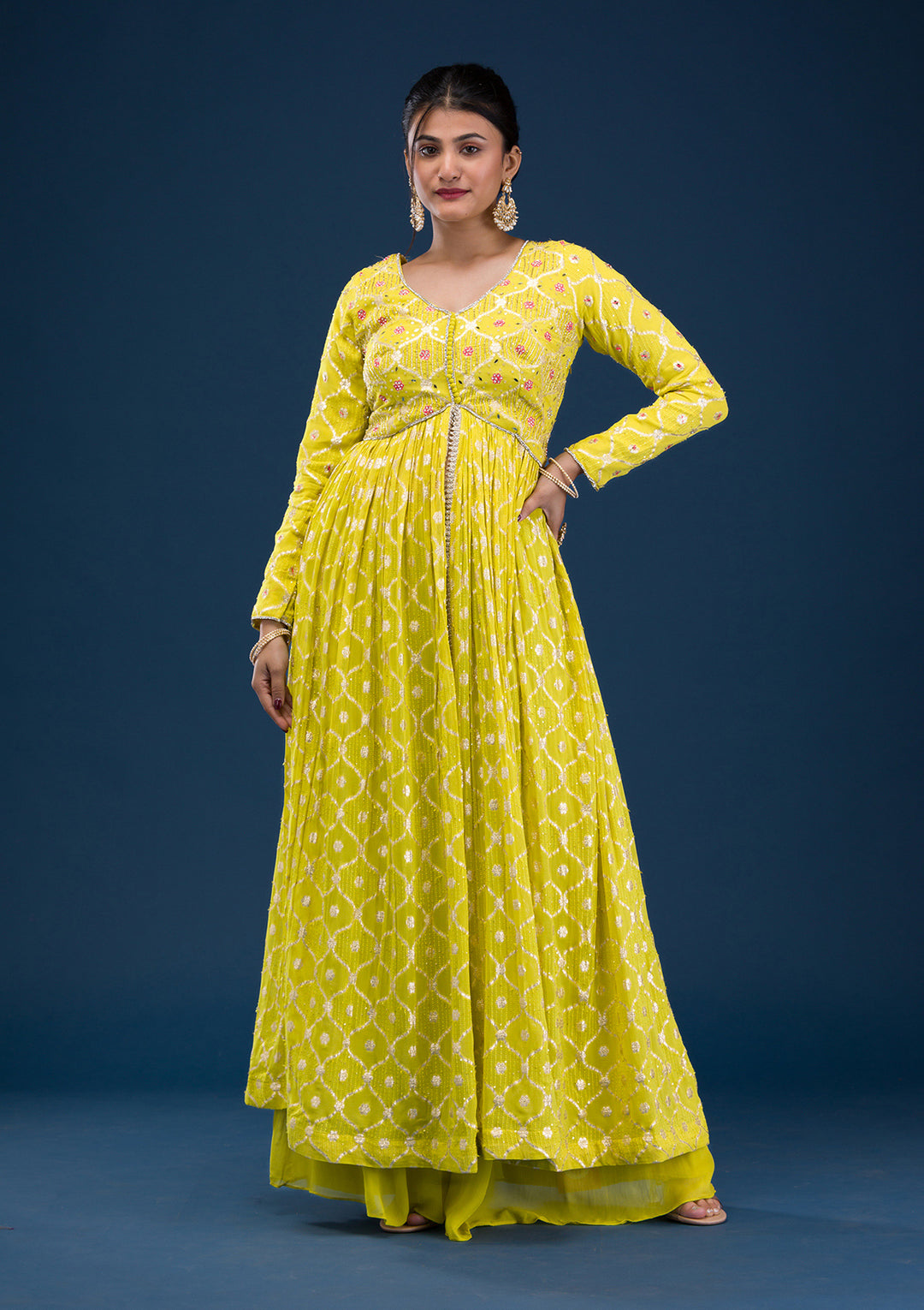 Parrot Green Zariwork Banarasi Readymade Anarkali Suit