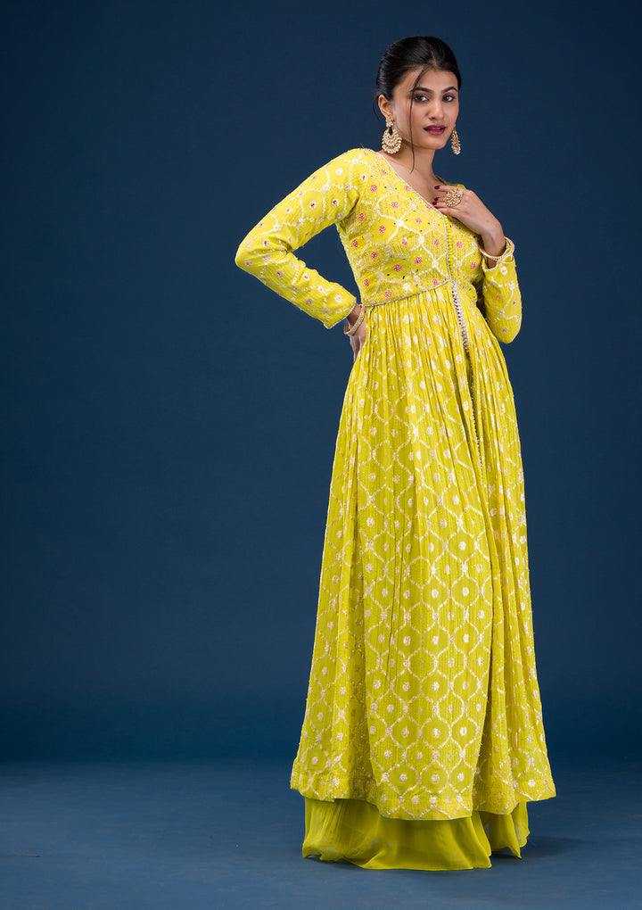 Parrot Green Zariwork Banarasi Readymade Anarkali Suit