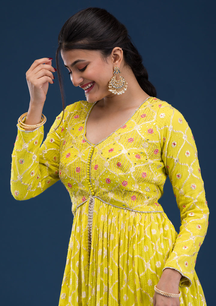 Parrot Green Zariwork Banarasi Readymade Anarkali Suit