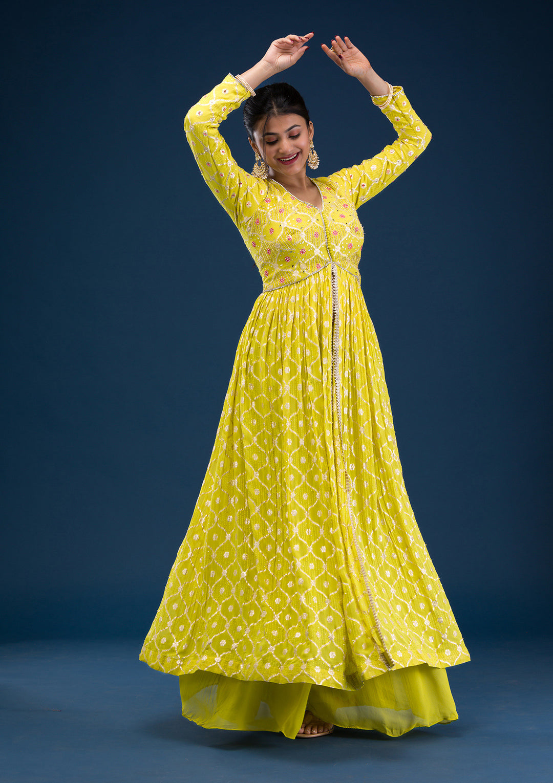 Parrot Green Zariwork Banarasi Readymade Anarkali Suit