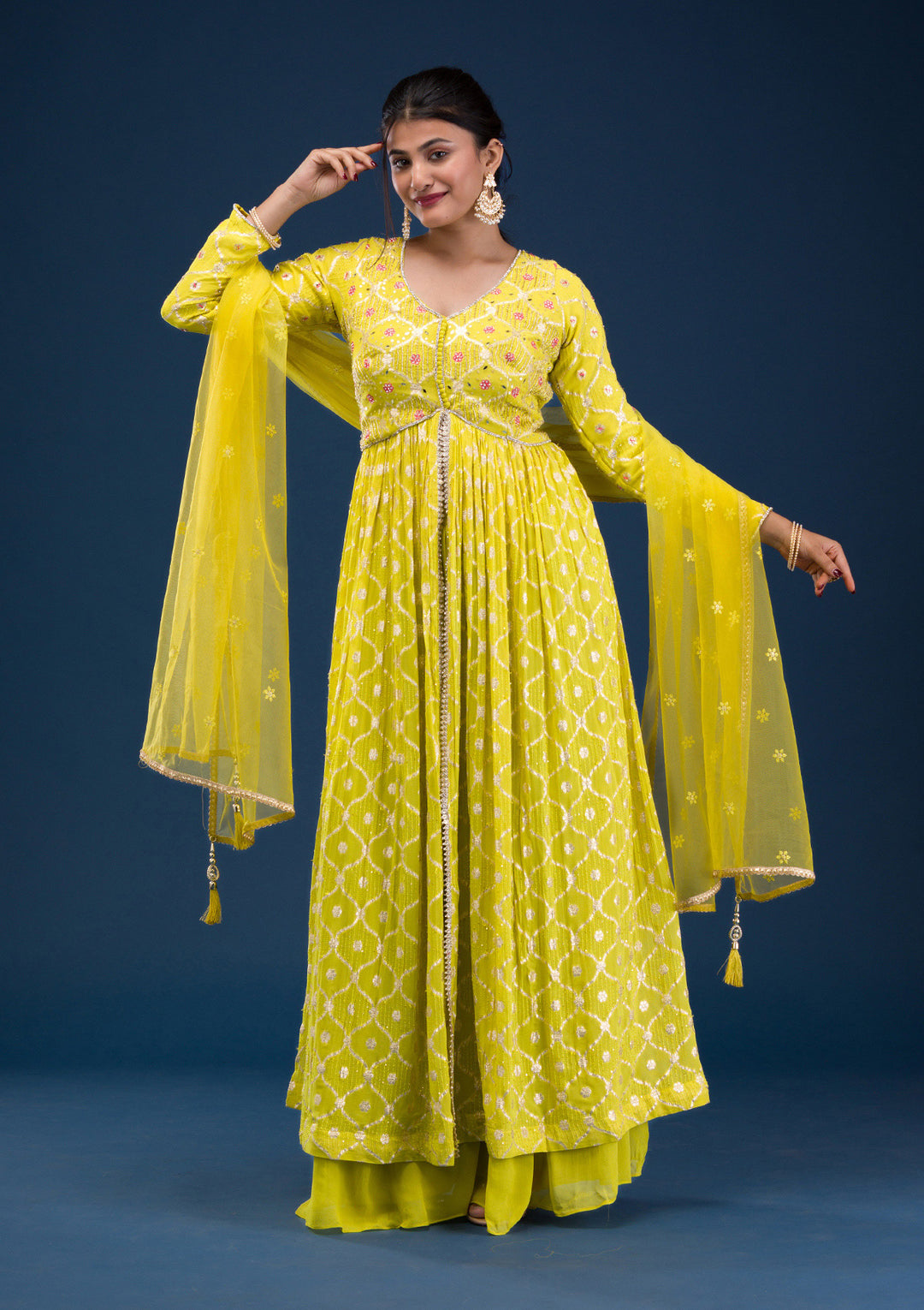 Parrot Green Zariwork Banarasi Readymade Anarkali Suit