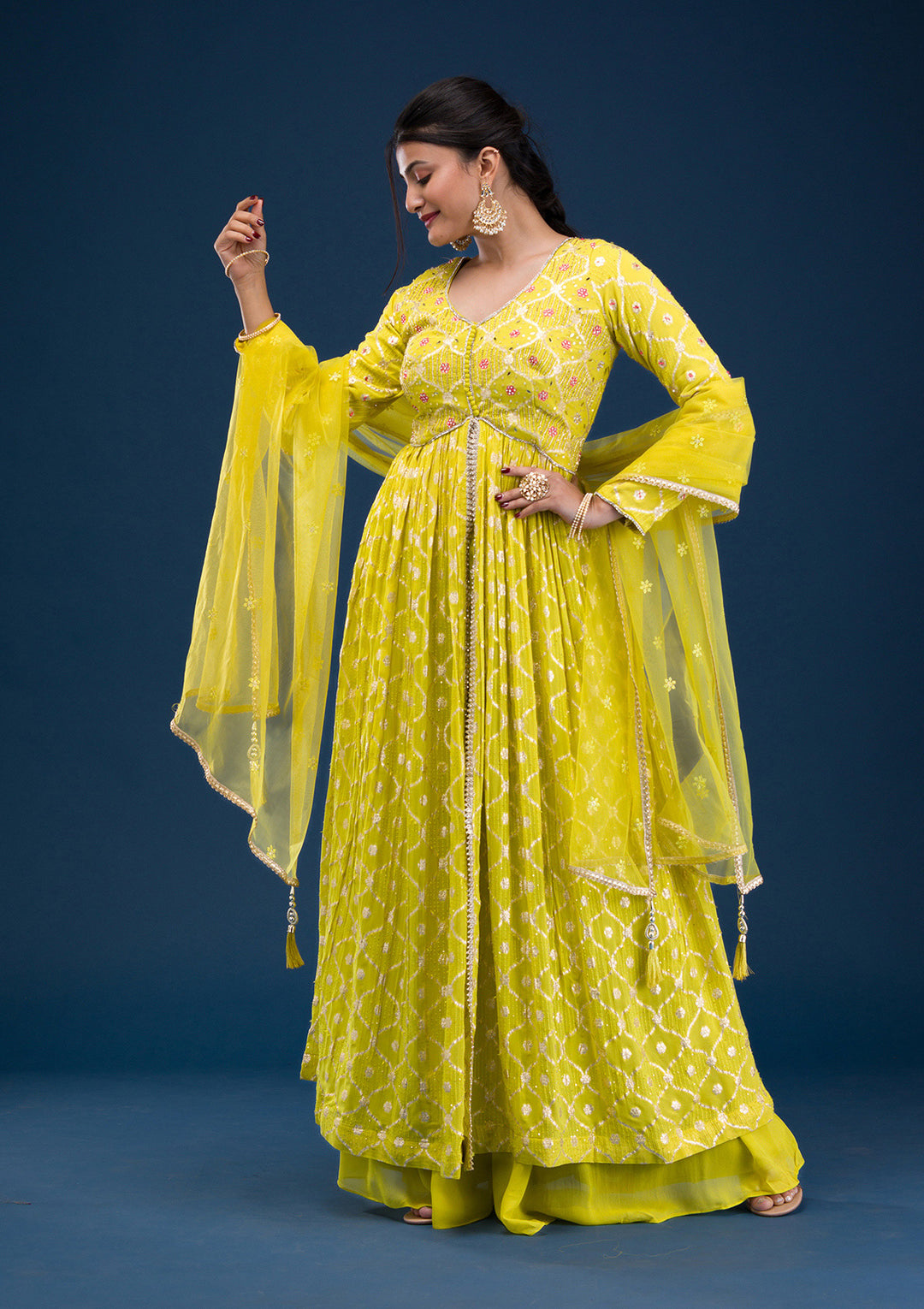 Parrot Green Zariwork Banarasi Readymade Anarkali Suit