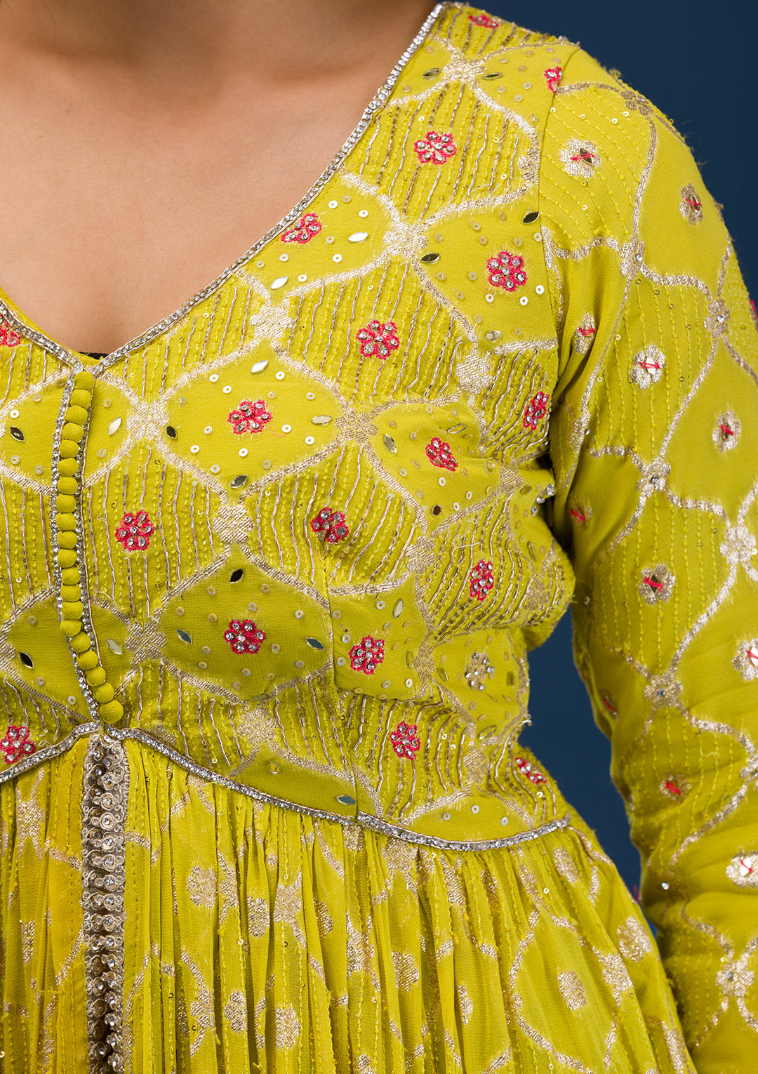 Parrot Green Zariwork Banarasi Readymade Anarkali Suit