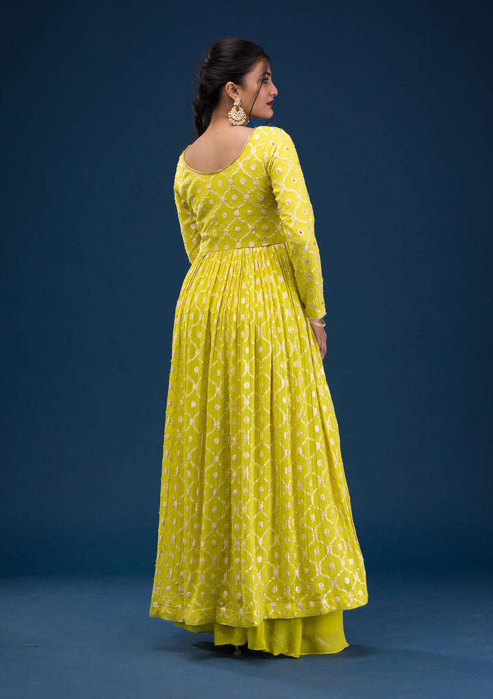 Parrot Green Zariwork Banarasi Readymade Anarkali Suit