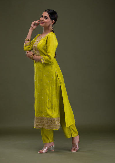 Parrot Green Zariwork Crepe Readymade Salwar Suit