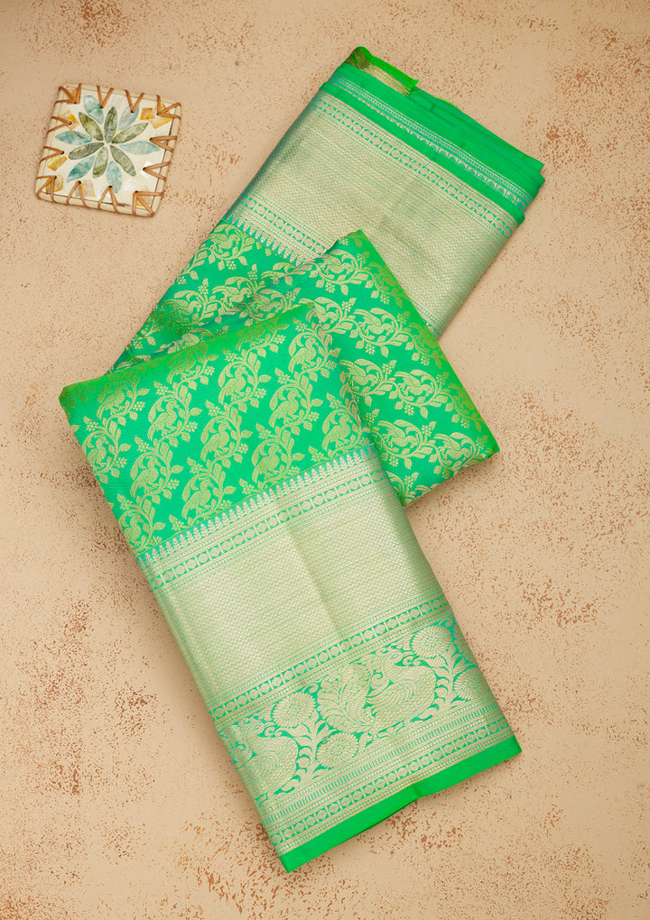 Parrot Green Zariwork Pure Silk Saree