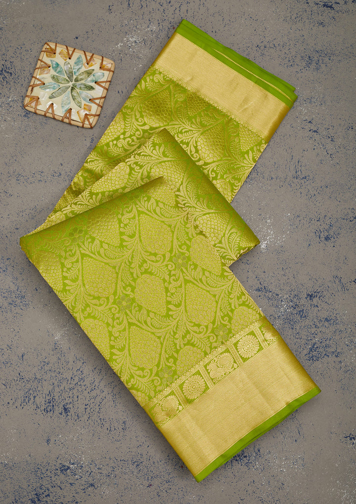 Parrot Green Zariwork Pure Silk Saree