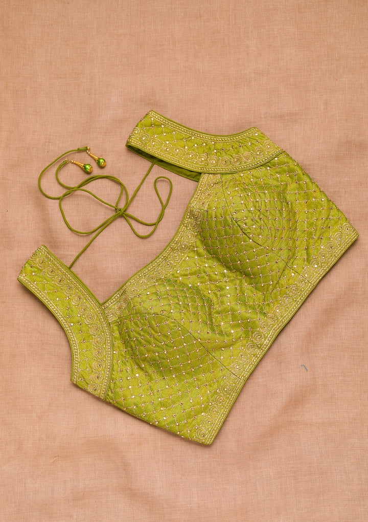 Parrot Green Zariwork Raw Silk Blouse