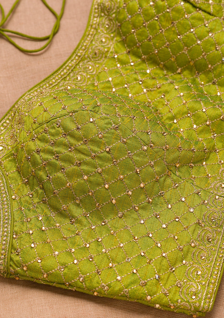 Parrot Green Zariwork Raw Silk Blouse