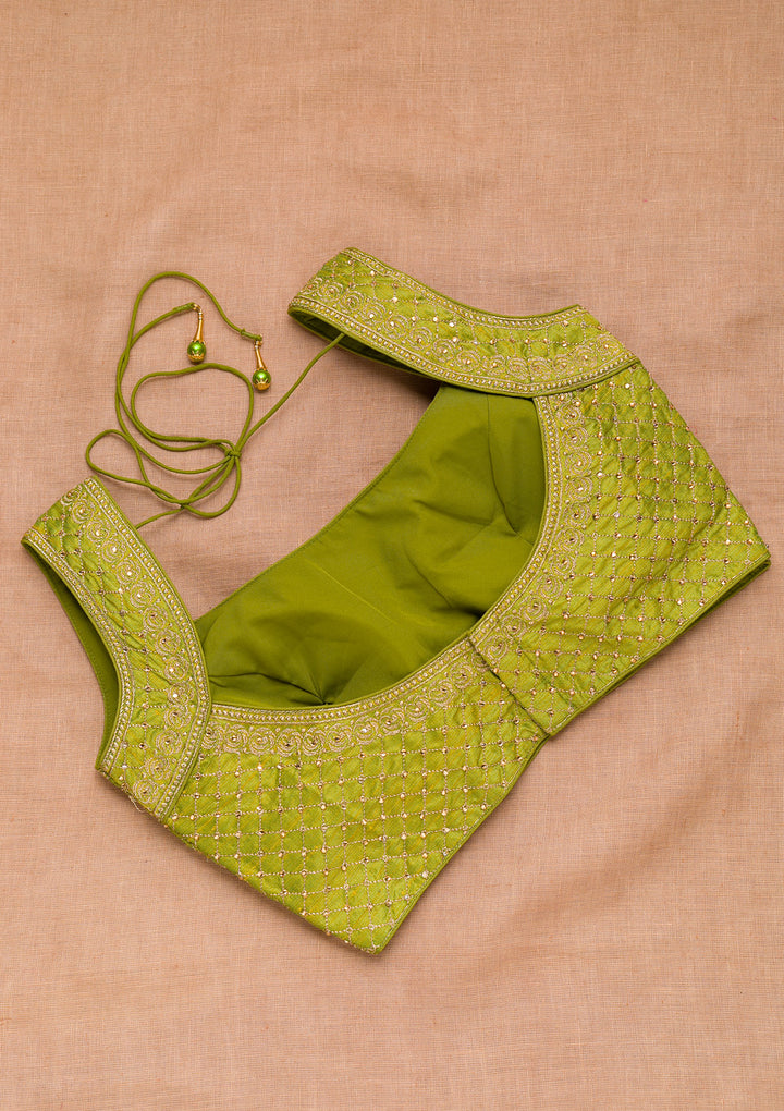 Parrot Green Zariwork Raw Silk Blouse