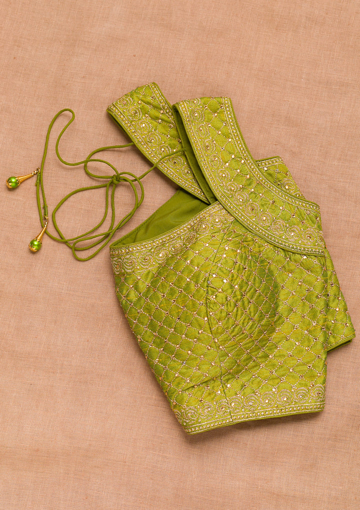 Parrot Green Zariwork Raw Silk Blouse