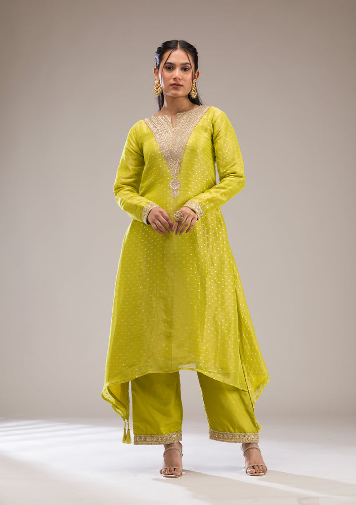 Parrot Green Zariwork Semi Crepe Readymade Salwar Suit
