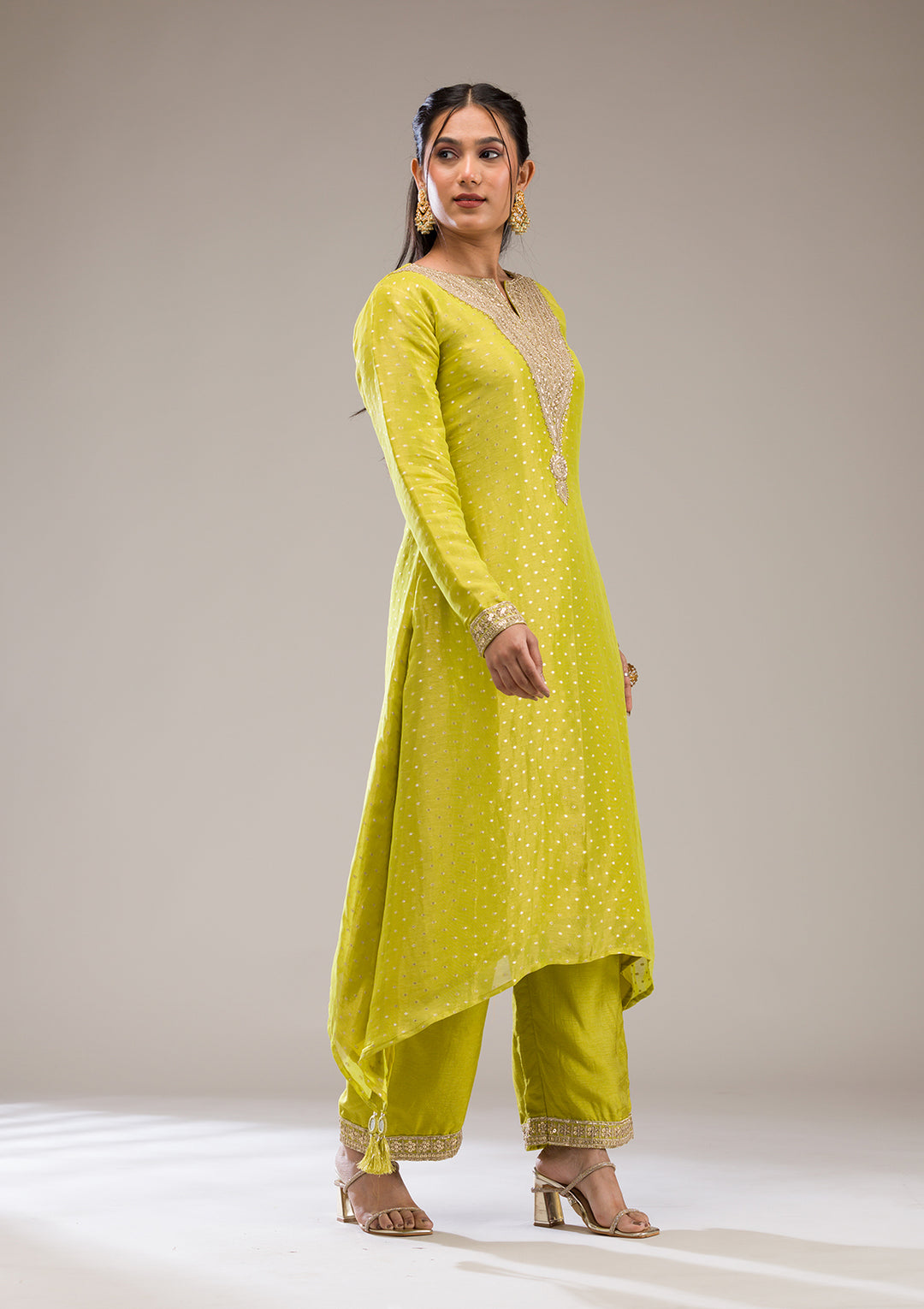 Parrot Green Zariwork Semi Crepe Readymade Salwar Suit
