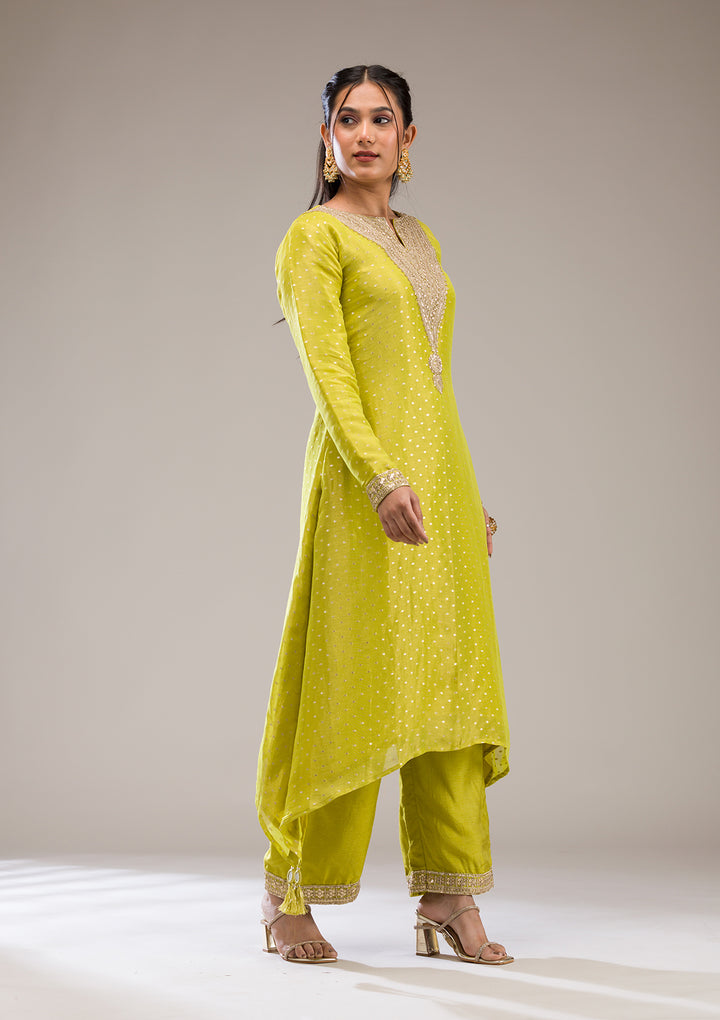 Parrot Green Zariwork Semi Crepe Readymade Salwar Suit