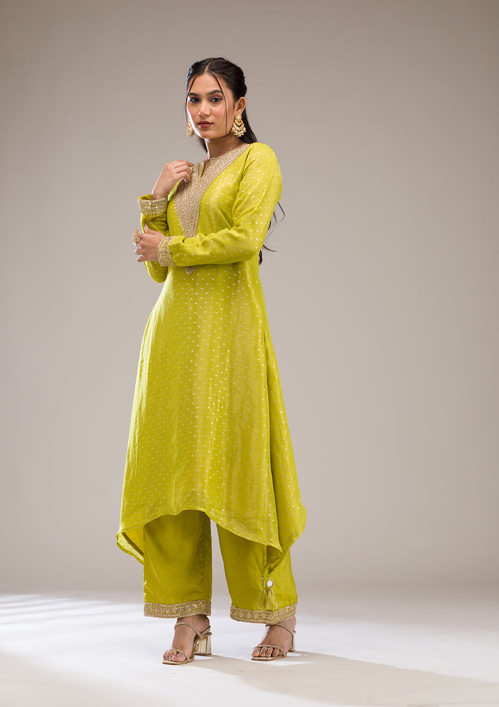 Parrot Green Zariwork Semi Crepe Readymade Salwar Suit