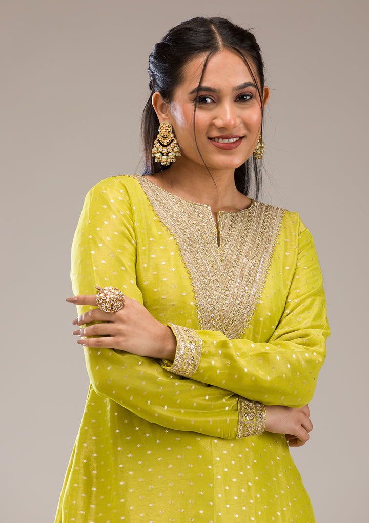 Parrot Green Zariwork Semi Crepe Readymade Salwar Suit