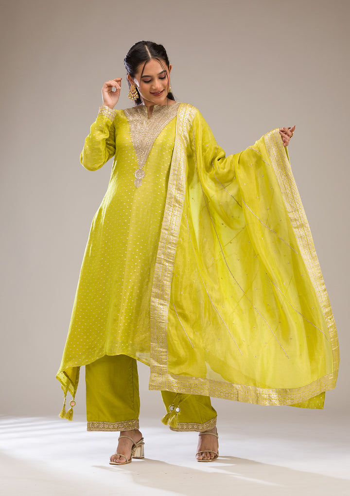 Parrot Green Zariwork Semi Crepe Readymade Salwar Suit