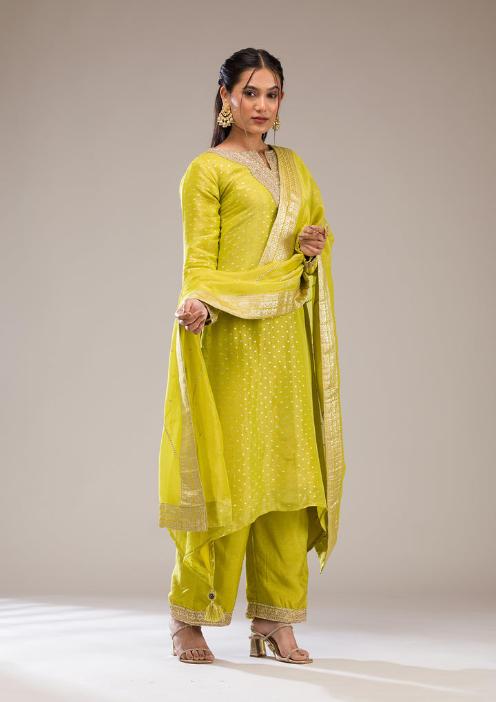 Parrot Green Zariwork Semi Crepe Readymade Salwar Suit