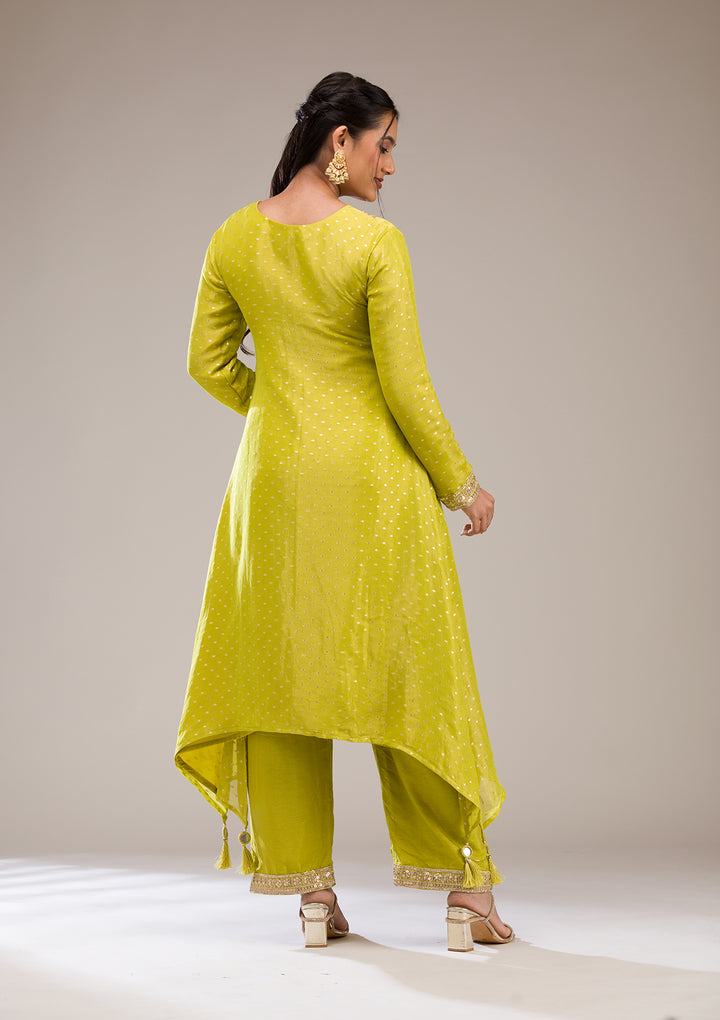 Parrot Green Zariwork Semi Crepe Readymade Salwar Suit