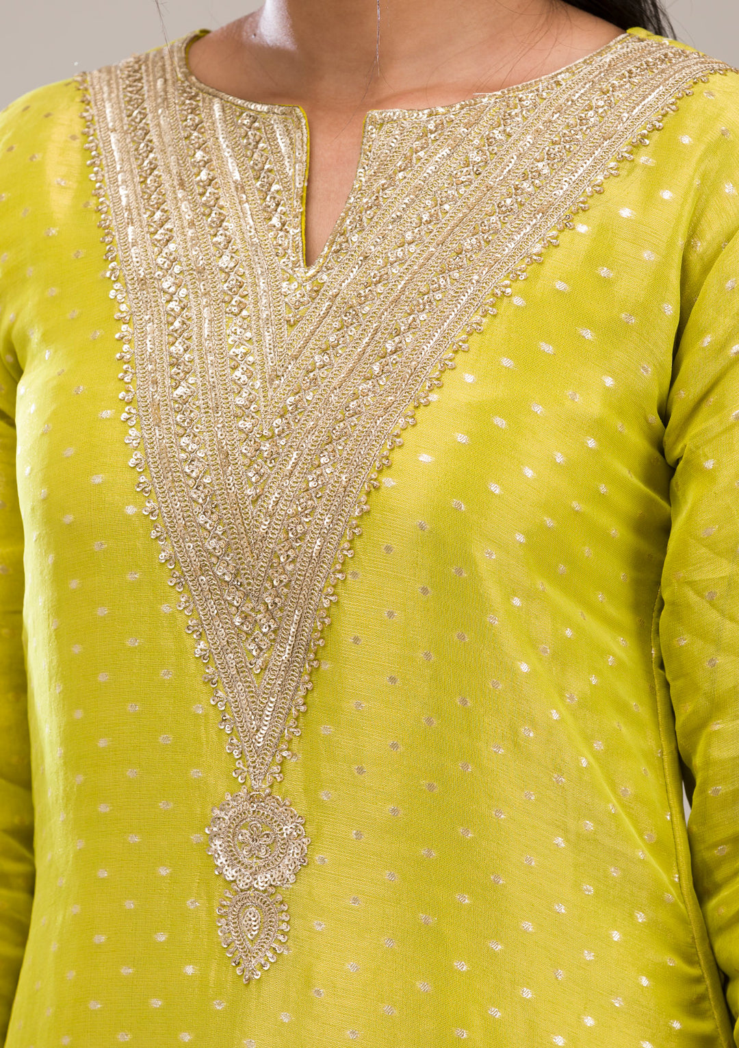 Parrot Green Zariwork Semi Crepe Readymade Salwar Suit