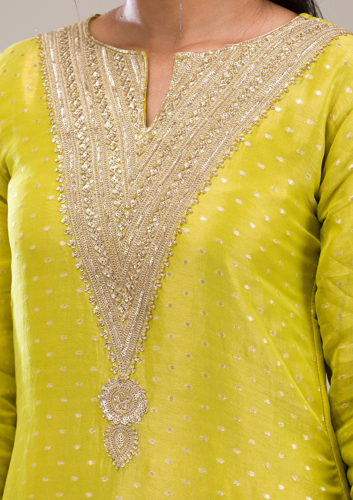 Parrot Green Zariwork Semi Crepe Readymade Salwar Suit