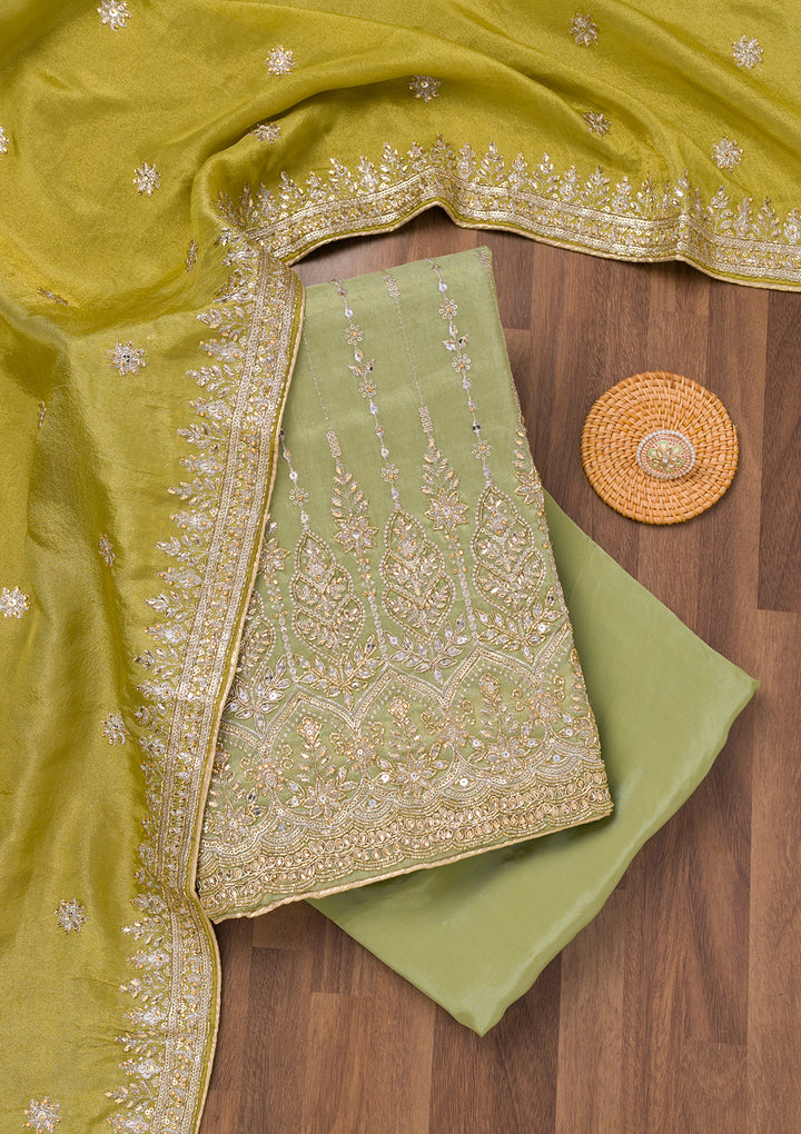 Parrot Green Zariwork Semi Crepe Unstitched Salwar Suit