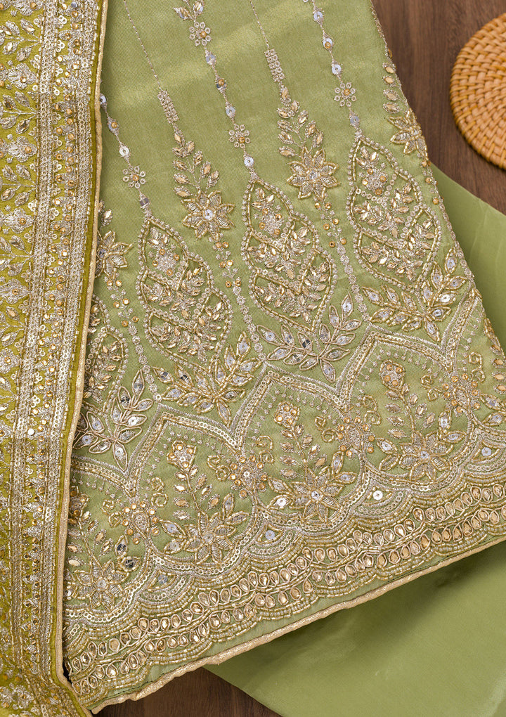 Parrot Green Zariwork Semi Crepe Unstitched Salwar Suit