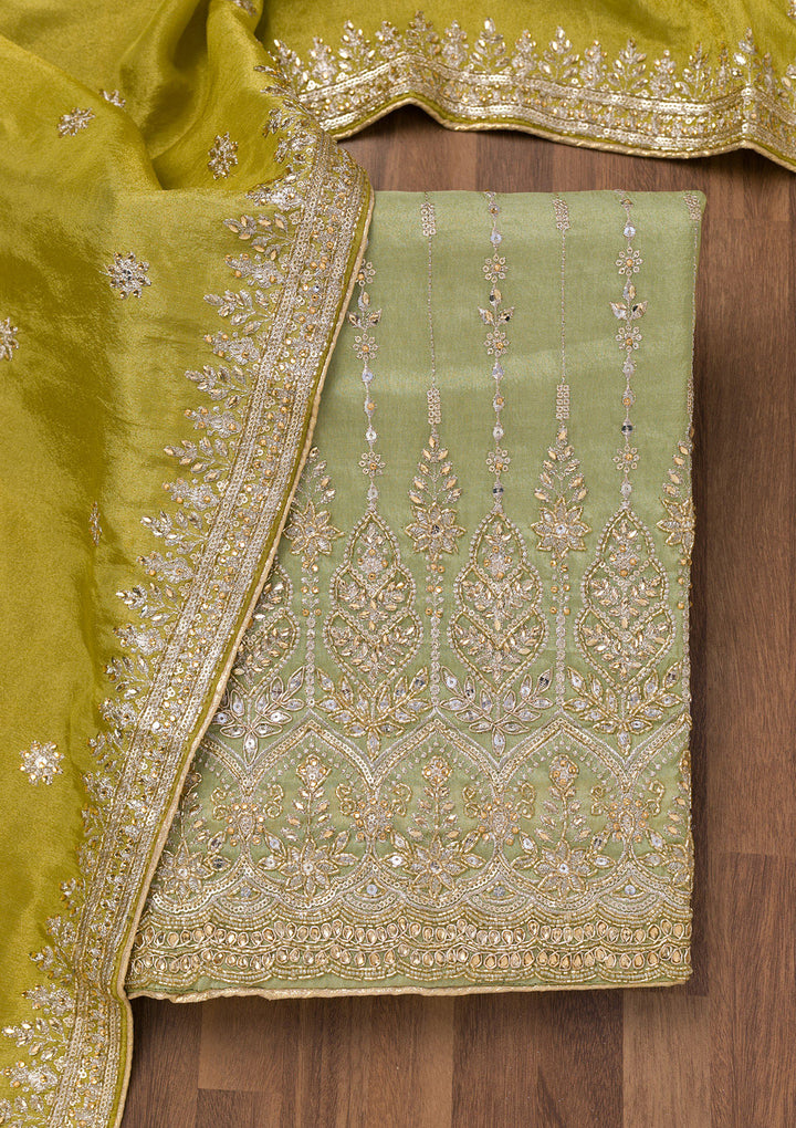 Parrot Green Zariwork Semi Crepe Unstitched Salwar Suit
