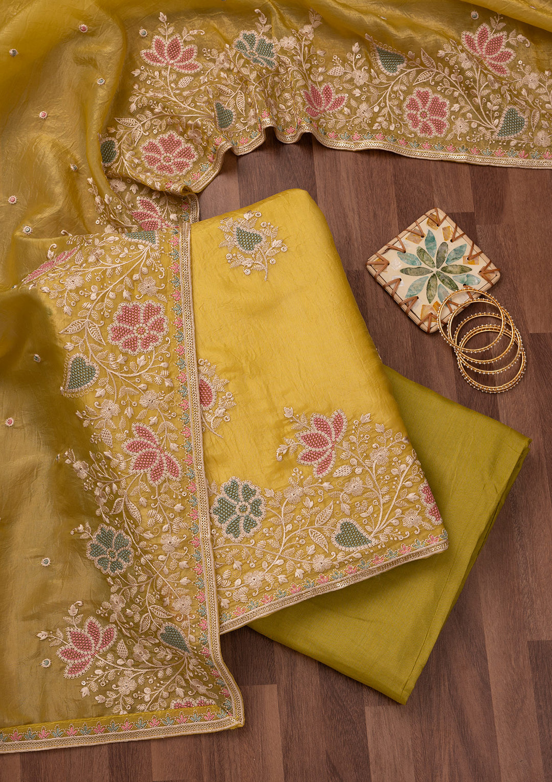 Yellow Zariwork Semi Crepe Unstitched Salwar Suit