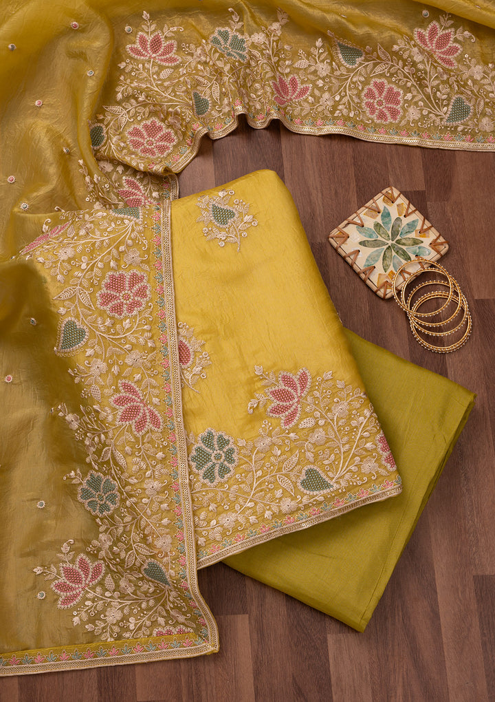 Yellow Zariwork Semi Crepe Unstitched Salwar Suit
