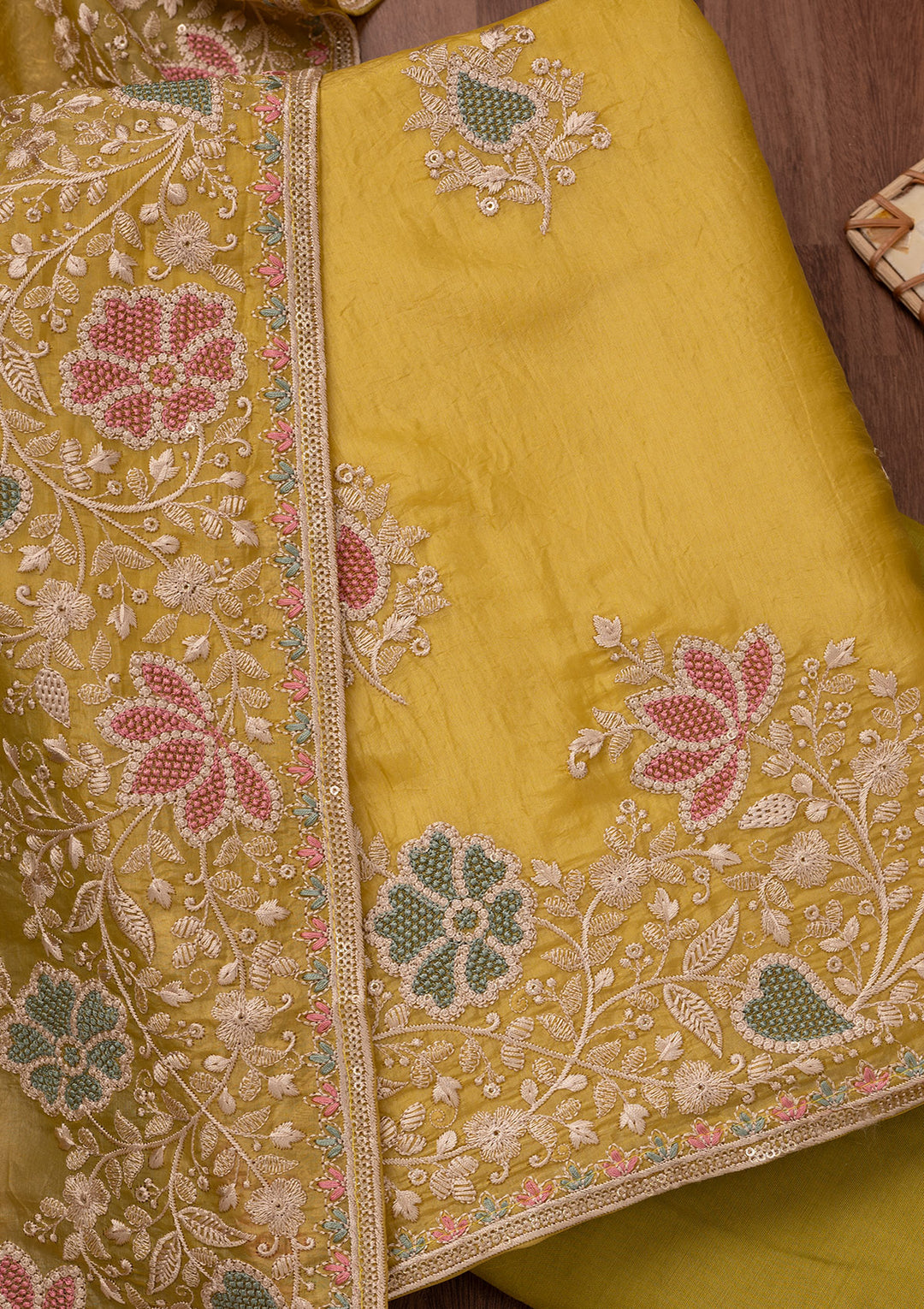 Yellow Zariwork Semi Crepe Unstitched Salwar Suit