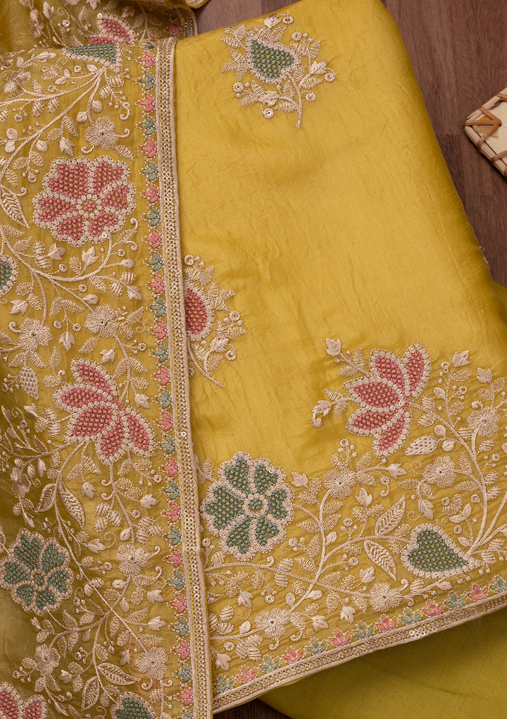 Yellow Zariwork Semi Crepe Unstitched Salwar Suit