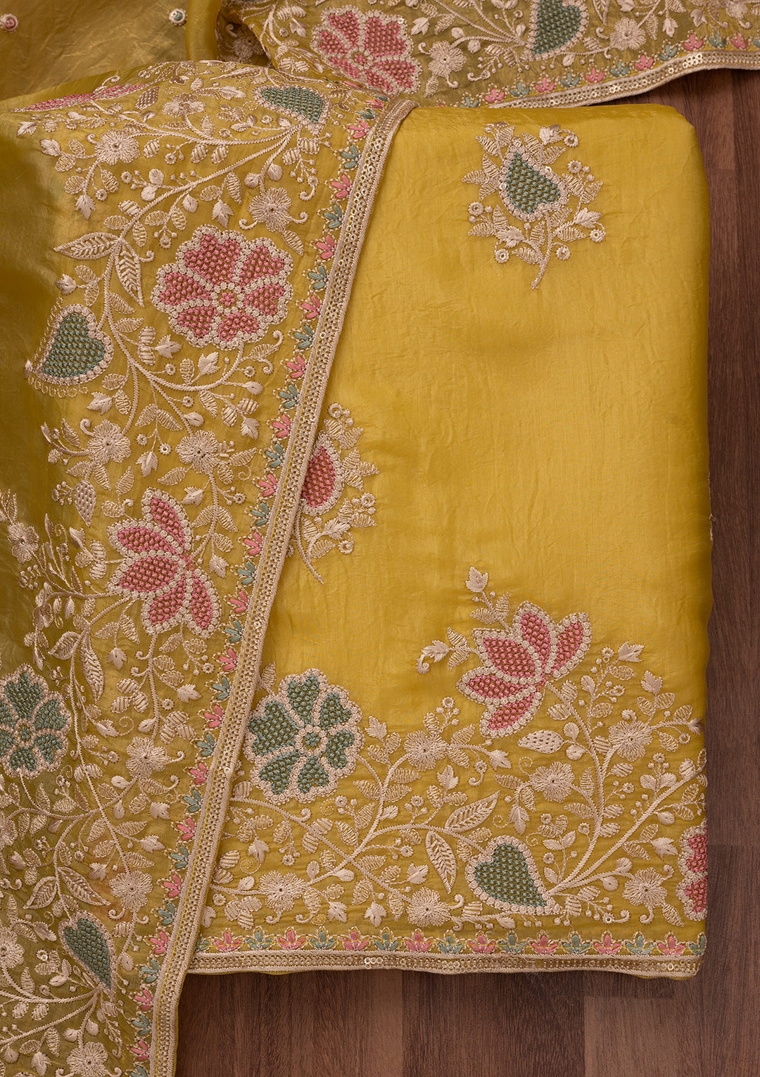 Yellow Zariwork Semi Crepe Unstitched Salwar Suit