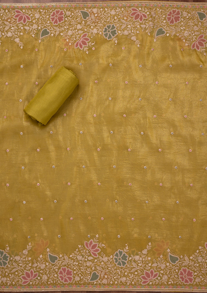 Yellow Zariwork Semi Crepe Unstitched Salwar Suit