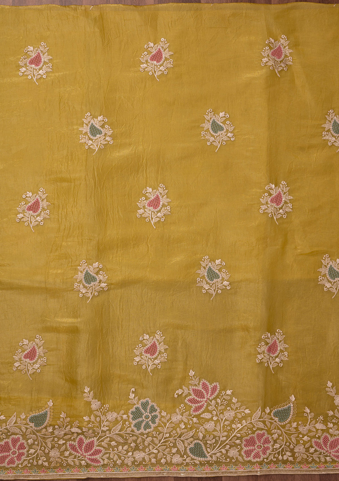 Yellow Zariwork Semi Crepe Unstitched Salwar Suit