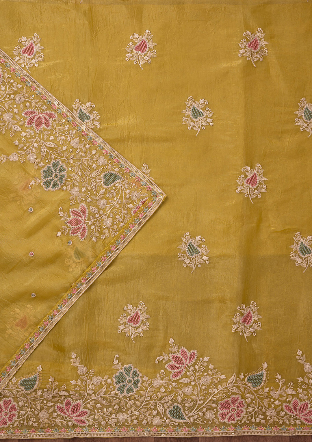 Yellow Zariwork Semi Crepe Unstitched Salwar Suit