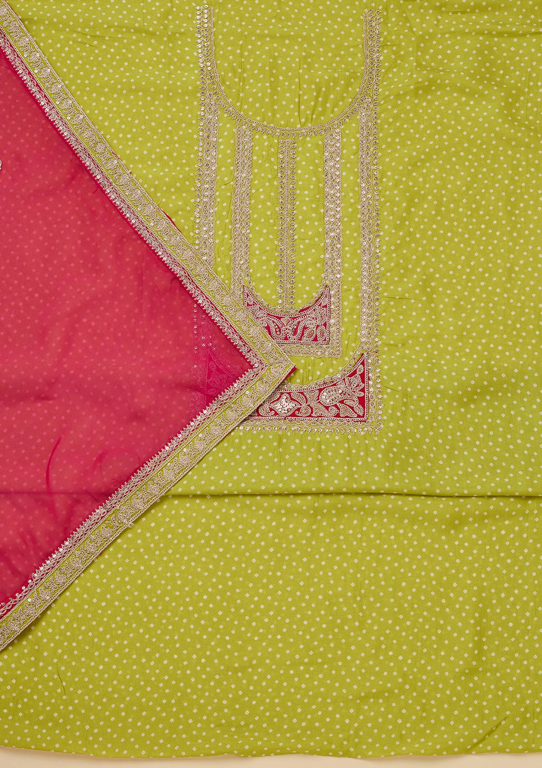 Parrot Green Zariwork Semi Crepe Unstitched Salwar Suit