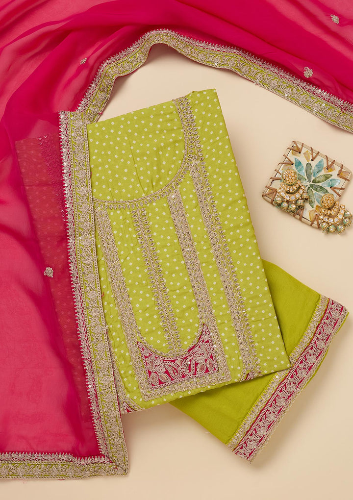 Parrot Green Zariwork Semi Crepe Unstitched Salwar Suit