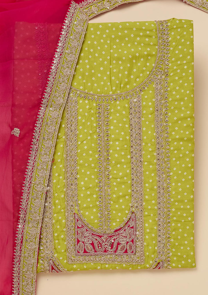 Parrot Green Zariwork Semi Crepe Unstitched Salwar Suit