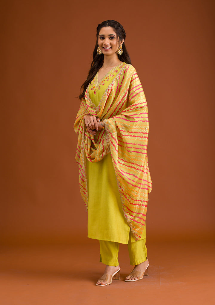 Parrot Green Zariwork Tissue Readymade Salwar Suit