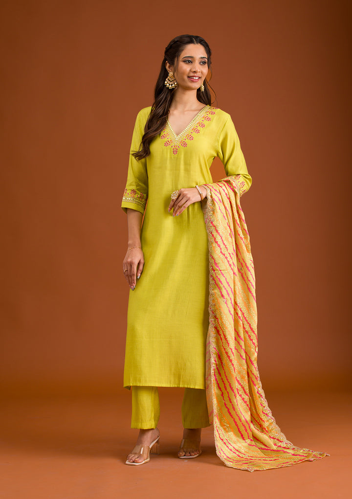 Parrot Green Zariwork Tissue Readymade Salwar Suit