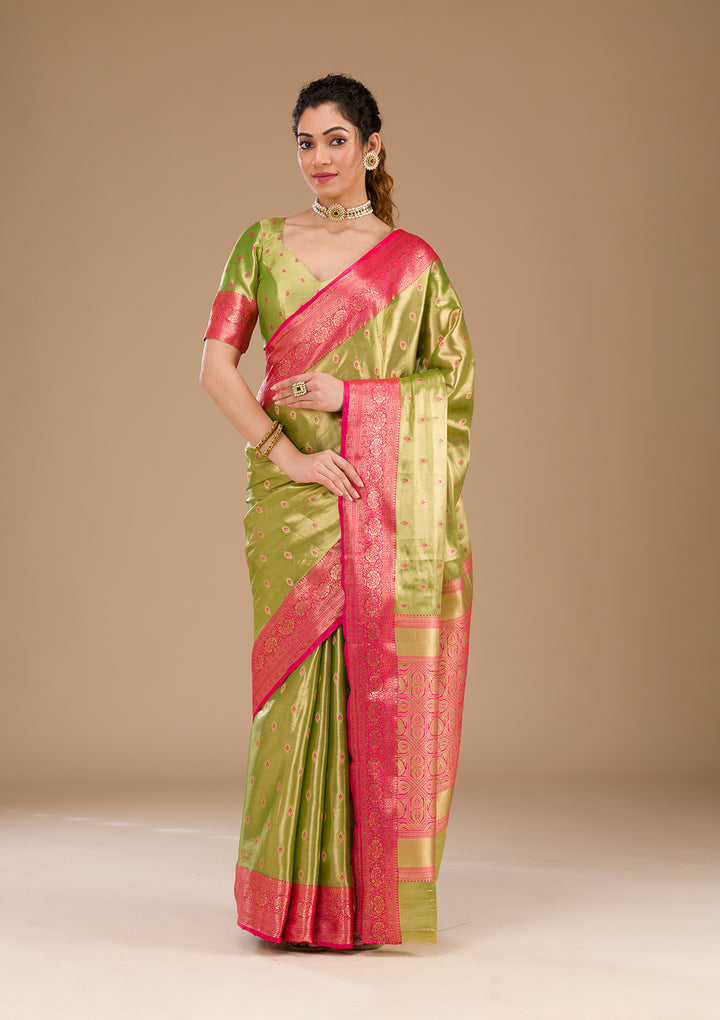 Parrot Green Zariwork Tissue Saree-Koskii