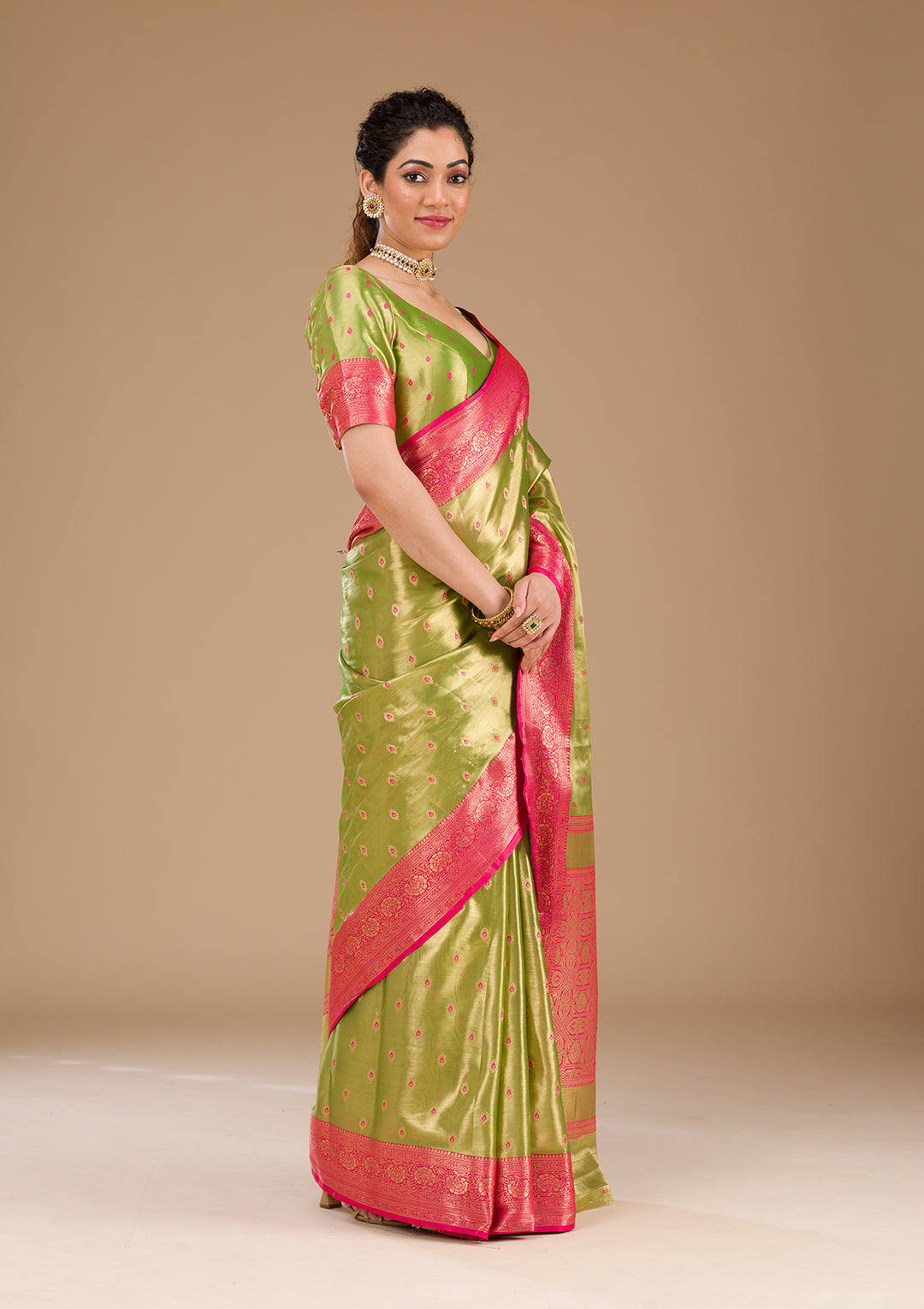 Parrot Green Zariwork Tissue Saree-Koskii