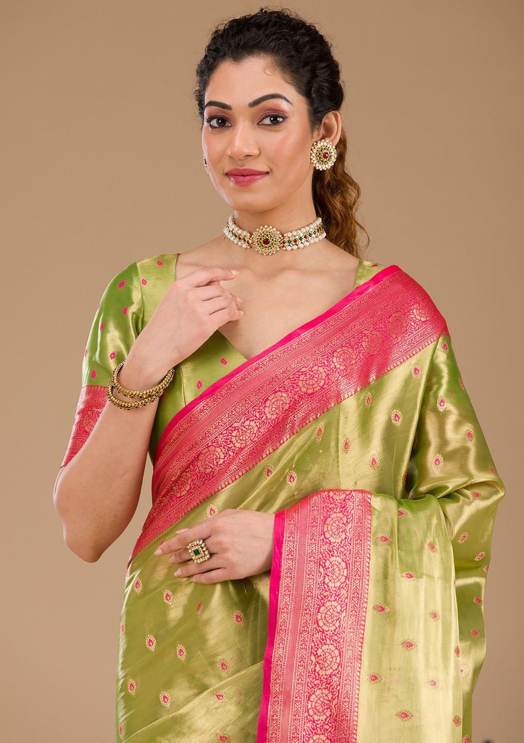 Parrot Green Zariwork Tissue Saree-Koskii