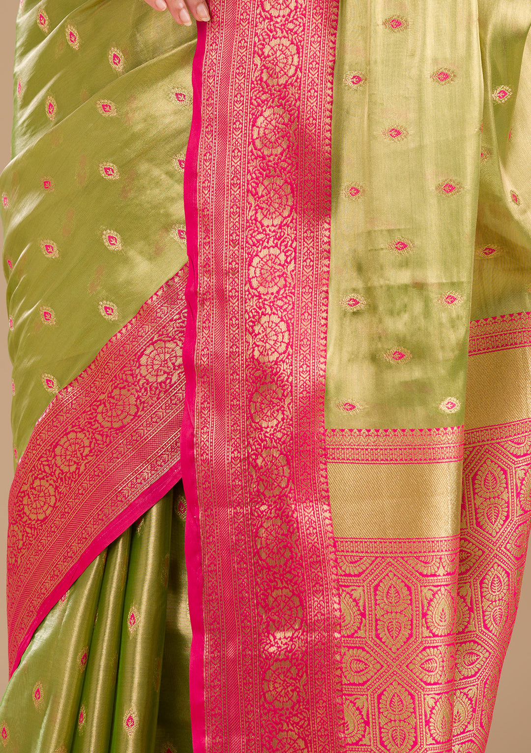 Parrot Green Zariwork Tissue Saree-Koskii