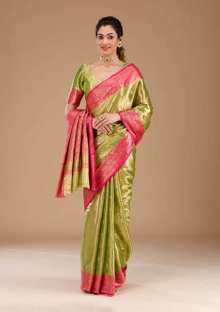 Parrot Green Zariwork Tissue Saree-Koskii