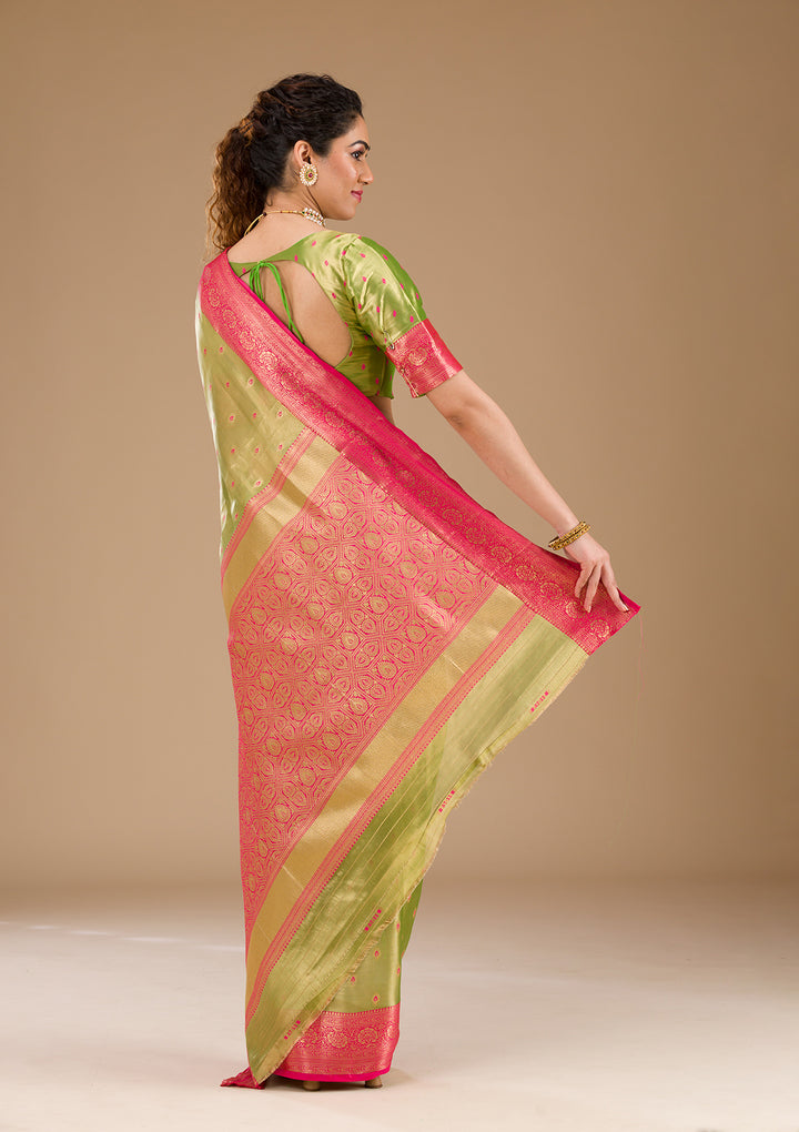 Parrot Green Zariwork Tissue Saree-Koskii