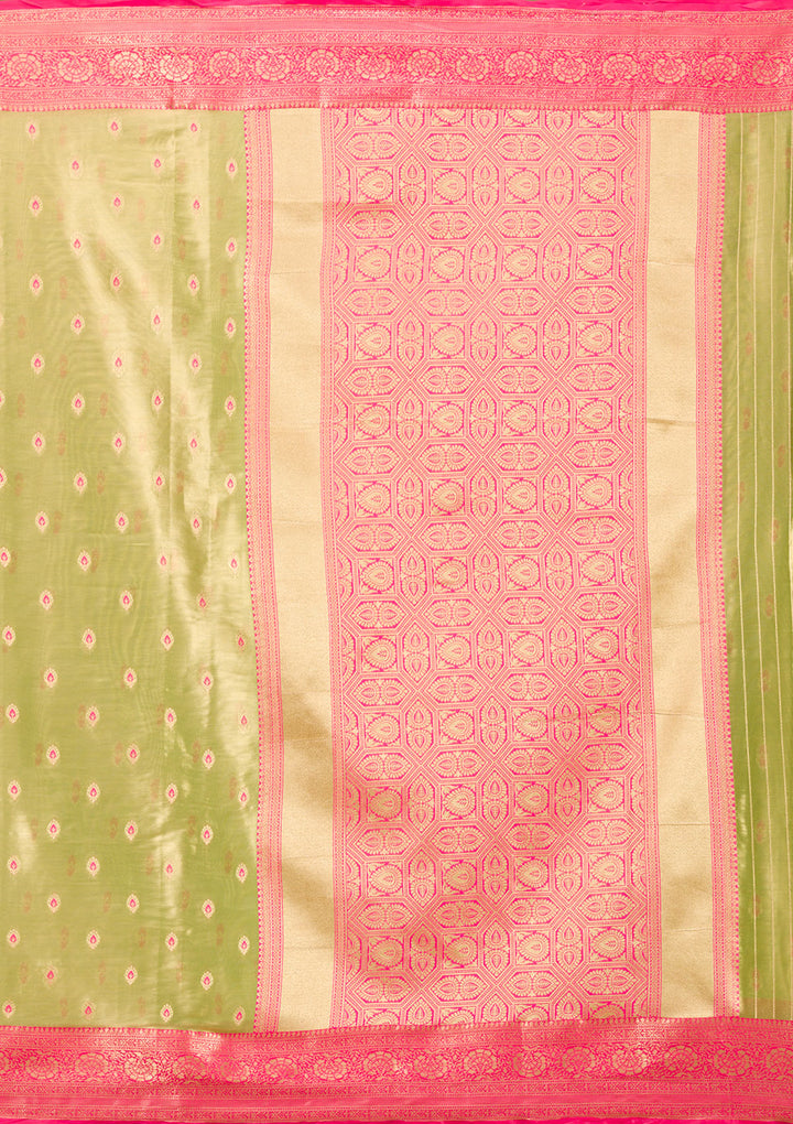 Parrot Green Zariwork Tissue Saree-Koskii
